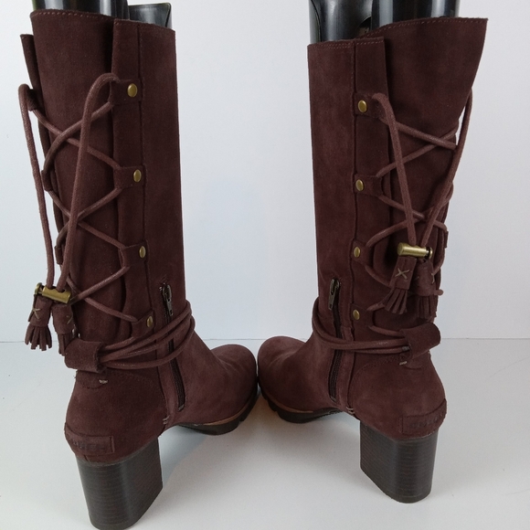 Sorel Farah Boots Womens 7 Burgundy Suede Leather Mid-Calf Casual Tassel Lace-up - Picture 6 of 9